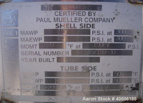 Unused- Mueller 6 Pass U Tube Shell and Tube Heat Exchanger, 84 square feet, horizontal. Tema Type BEU, Tema Size 8-216, Tema Class C. 304 stainless steel shell rated 150 psi at 300 deg F and -20 deg...