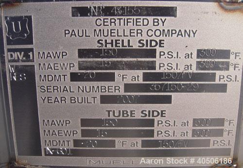 Unused- Mueller 6 Pass U Tube Shell and Tube Heat Exchanger, 84 square feet, horizontal. Tema Type BEU, Tema Size 8-216, Tema Class C. 304 stainless steel shell rated 150 psi at 300 deg F and -20 deg...