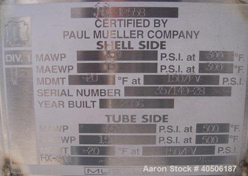 Unused- Mueller 6 Pass U Tube Shell and Tube Heat Exchanger, 84 square feet, horizontal. Tema Type BEU, Tema Size 8-216, Tema Class C. 304 stainless steel shell rated 150 psi at 300 deg F and -20 deg...