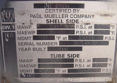 Unused- Mueller 6 Pass U Tube Shell and Tube Heat Exchanger, 84 square feet, horizontal. Tema Type BEU, Tema Size 8-216, Tema Class C. 304 stainless steel shell rated 150 psi at 300 deg F and -20 deg...