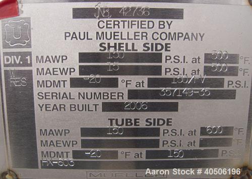 Unused- Mueller U Tube Shell and Tube Heat Exchanger/ Reboiler, 208 square feet,  horizontal. STI Tema Type BKU, Tema Size 12/20-228, Tema Class B. 20’’ diameter 304L stainless steel shell rated 150 ...