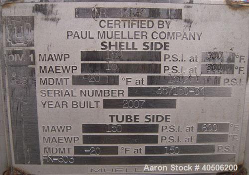 Unused- Mueller U Tube Shell And Tube Heat Exchanger/ Reboiler, 208 Square Feet,    Horizontal. STI Tema Type BKU, Tema Size 12/20-228, Tema Class B. 20’’ diameter 304L stainless steel shell rated 15...
