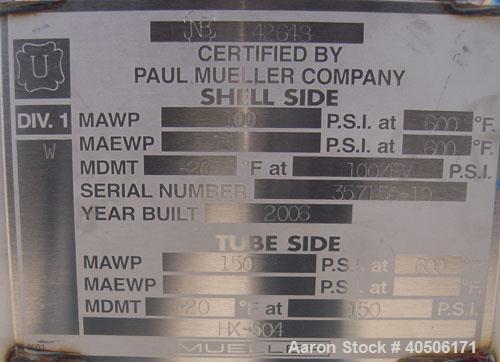 Unused- Mueller U Tube Shell and Tube Heat Exchanger/ Reboiler, 1270 Square  Feet,  Horizontal. STI Tema Type BKU, Tema Size 24/40-216, Tema Class B. 40’’ diameter 304L stainless steel shell rated 10...