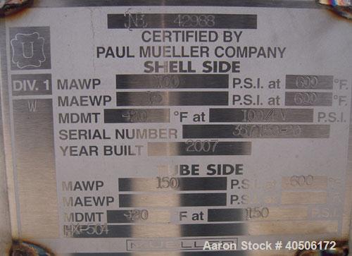Unused- Mueller U Tube Shell and Tube Heat Exchanger/ Reboiler, 1270 squarefeet, horizontal. STI Tema Type BKU, Tema Size 24/40-216, Tema Class B. 40’’ diameter 304L stainless steel shell rated 100 p...