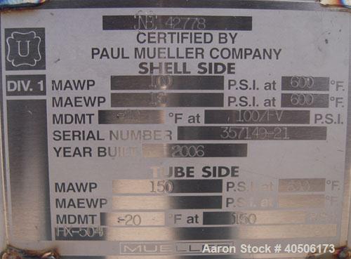 Unused- Mueller U Tube Shell and Tube Heat Exchanger/ Reboiler, 1270 squarefeet, horizontal. STI Tema Type BKU, Tema Size 24/40-216, Tema Class B. 40’’ diameter 304L stainless steel shell rated 100 p...