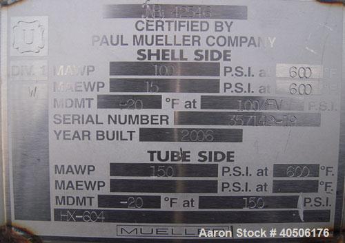 Unused- Mueller U Tube Shell and Tube Heat Exchanger/ Reboiler, 1270 squarefeet, horizontal. STI Tema Type BKU, Tema Size 24/40-216, Tema Class B. 40’’ diameter 304L stainless steel shell rated 100 p...