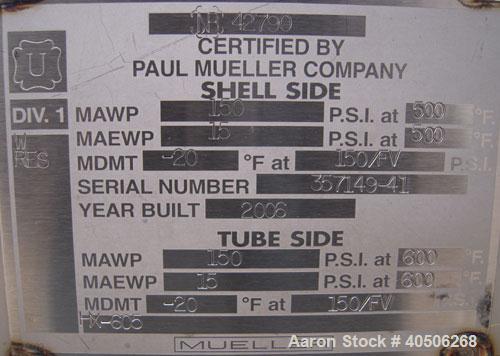 Unused- Mueller U Tube Shell and Tube Heat Exchanger, 31 Square Feet, Horizontal. Tema Type BKU, Tema Size 6/12-120, Tema Class C. 304 stainless steel shell rated 150 psi at 500 deg F and -20 deg F a...