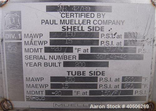 Unused- Mueller U Tube Shell and Tube Heat Exchanger, 31 Square Feet, Horizontal. Tema Type BKU, Tema Size 6/12-120, Tema Class C. 304 stainless steel shell rated 150 psi at 500 deg F and -20 deg F a...
