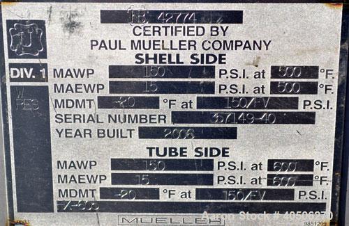 Unused- Mueller U Tube Shell & Tube Heat Exchanger, 31 Square Feet, Horizontal. Tema Type BKU, Tema Size 6/12-120, Tema Class C. 304 Stainless steel shell rated 150 psi at 500 deg F and -20 deg F at ...