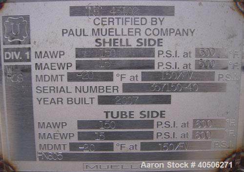 Unused- Mueller U Tube Shell and Tube Heat Exchanger, 31 Square Feet, Horizontal. Tema Type BKU, Tema Size 6/12-120, Tema Class C. 304 stainless steel shell rated 150 psi at 500 deg F and -20 deg F a...