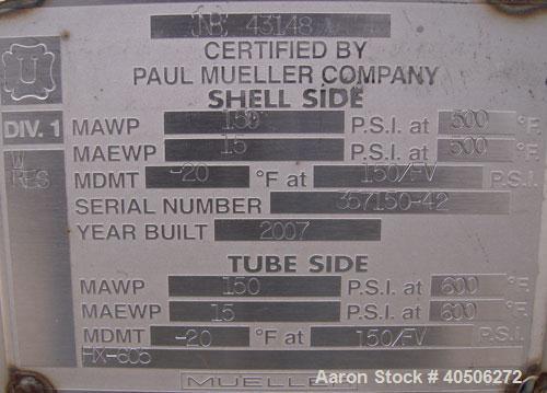 Unused- Mueller U Tube Shell and Tube Heat Exchanger, 31 Square Feet, Horizontal. Tema Type BKU, Tema Size 6/12-120, Tema Class C. 304 stainless steel shell rated 150 psi at 500 deg F and -20 deg F a...