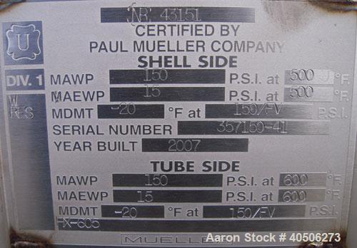 Unused- Mueller U Tube Shell and Tube Heat Exchanger, 31 Square Feet, Horizontal. Tema Type BKU, Tema Size 6/12-120, Tema Class C. 304 stainless steel shell rated 150 psi at 500 deg F and -20 deg F a...