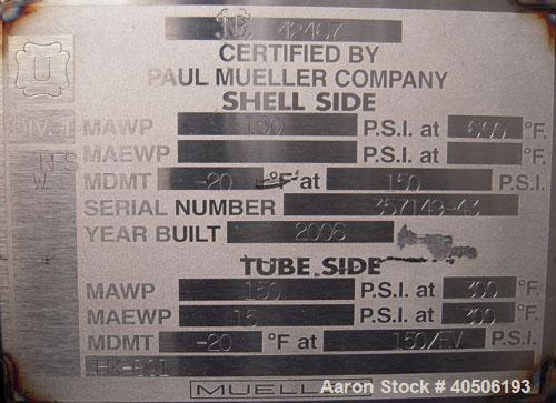 Unused- Mueller Single Pass Shell and Tube Heat Exchanger, 119 square feet, vertical. Tema Type BEM, Tema Size 10-96, Tema Class C. Carbon steel shell rated 150 psi at 600 deg F and -20 deg F at 150 ...