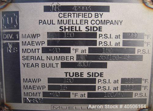 Unused- Mueller Shell and Tube Heat Exchanger, 341 square feet, horizontal. Carbon steel shell rated 150 psi at 200 deg F and -20 deg F at 150 psi. (109) 3/4" diameter x 16' long 304 stainless steel ...