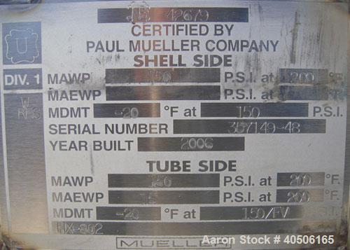 Unused- Mueller Shell and Tube Heat Exchanger, 341 square feet, horizontal. Carbon steel shell rated 150 psi at 200 deg F and -20 deg F at 150 psi. (109) 3/4" diameter x 16' long 304 stainless steel ...