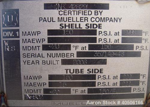 Unused- Mueller Shell and Tube Heat Exchanger, 341 square feet, horizontal. Carbon steel shell rated 150 psi at 200 deg F and -20 deg F at 150 psi. (109) 3/4" diameter x 16' long 304 stainless steel ...