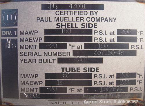 Unused- Mueller Shell and Tube Heat Exchanger, 341 square feet, horizontal. Carbon steel shell rated 150 psi at 200 deg F and -20 deg F at 150 psi. (109) 3/4" diameter x 16' long 304 stainless steel ...