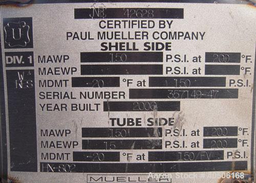 Unused- Mueller Shell and Tube Heat Exchanger, 341 square feet, horizontal. Carbon steel shell rated 150 psi at 200 deg F and -20 deg F at 150 psi. (109) 3/4" diameter x 16' long 304 stainless steel ...