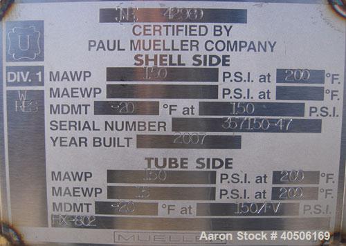 Unused- Mueller Shell and Tube Heat Exchanger, 341 square feet, horizontal. Carbon steel shell rated 150 psi at 200 deg F and -20 deg F at 150 psi. (109) 3/4'' diameter x 16' long 304 stainless steel...