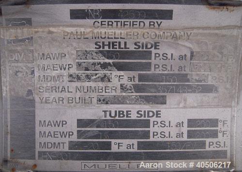 Used Mueller Shell and Tube Heat Exchanger, 235 square feet, horizontal. Carbon steel shell rated 150 psi at 200 deg   F and -20 deg F at 150 psi. (109) 3/4" diameter x 11' long 304 stainless steel t...