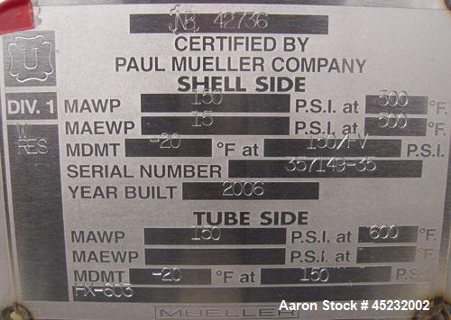 Unused-Mueller U Tube Shell and Tube Heat Exchanger / Reboiler, 208 square feet, horizontal