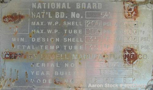Used Ludell Manufacturing 6 pass shell and tube heat exchanger, model 18-108-6. Approximately 264 square feet, horizontal. Carbon steel shell rated 200 psi at 400 deg F, (150) 3/4'' diameter x 9' lon...
