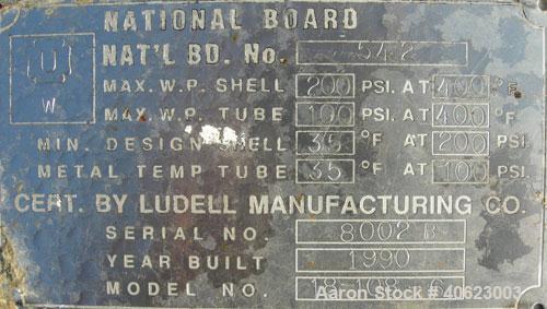 Used Ludell Manufacturing 6 pass shell and tube heat exchanger, model 18-108-6. Approximately 264 square feet, horizontal. Carbon steel shell rated 200 psi at 400 deg F, (150) 3/4'' diameter x 9' lon...