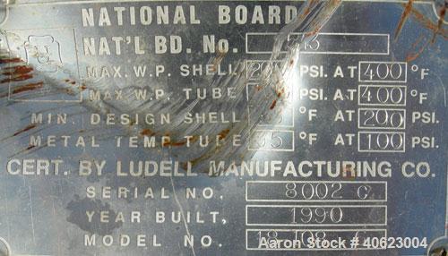 Used Ludell Manufacturing 6 pass shell and tube heat exchanger, model 18-108-6. Approximately 264 square feet, horizontal. Carbon steel shell rated 200 psi at 400 deg F, (150) 3/4" diameter x 9' long...