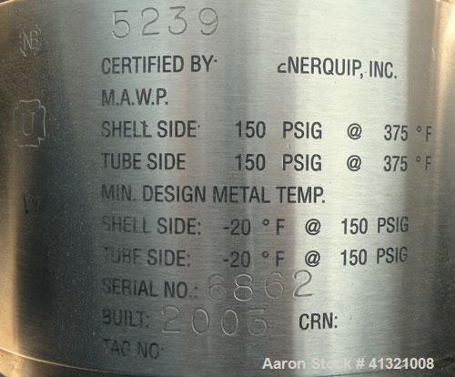 Unused- Enerquip "U" Tube Heat Exchanger, Approximately 10 Square Feet, Stainless Steel, Horizontal, Model 6NPSX18BEUB. 304L stainless steel shell rated 150 psi at 375 deg F and –20 deg F at 150 psi....