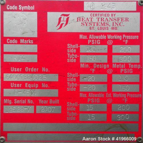 Unused- Heat Transfer Systems Single Pass Shell and Tube Heat Exchanger, 10259 square feet, horizontal, type AEM 71-216. Carbon steel shell rated FV/150 psi at -20 to 200 deg F. (1785) 1-1/4'' diamet...