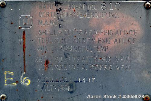 Used Enerquip Shell & Tube Heat Exchanger, Approximately 423 Square Feet, Stainless Steel, Horizontal. Type BEM-14-216. 304L Stainless steel shell rated 75 psi & Full Vacuum at 150 degrees F. (120) 3...