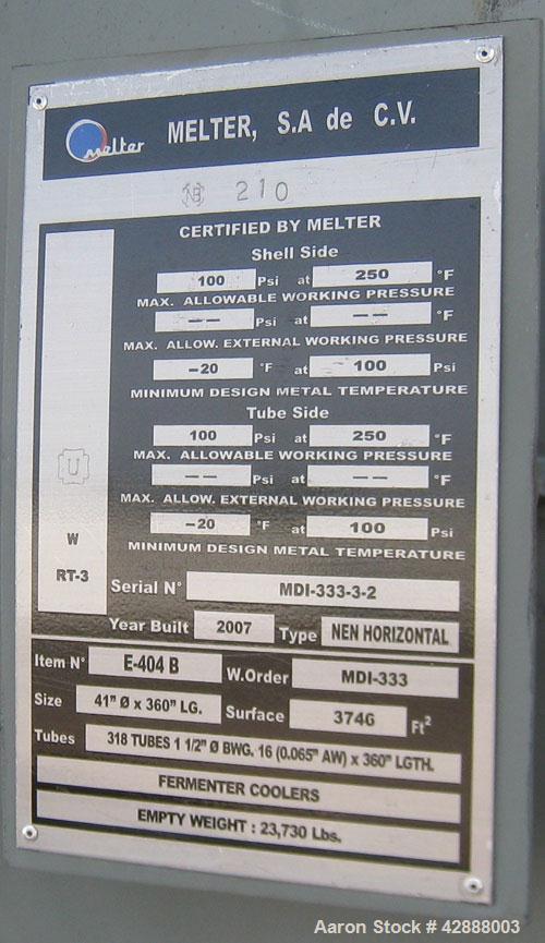 Unused- Melter S.A. de C.V. 2 Pass Shell & Tube Heat Exchanger, 3746 Square Feet, Type NEN, Horizontal. Carbon steel shell rated 100 psi at –20 to 250 degrees F. (318) 1-1/2’’ diameter x 30’ long BWG...