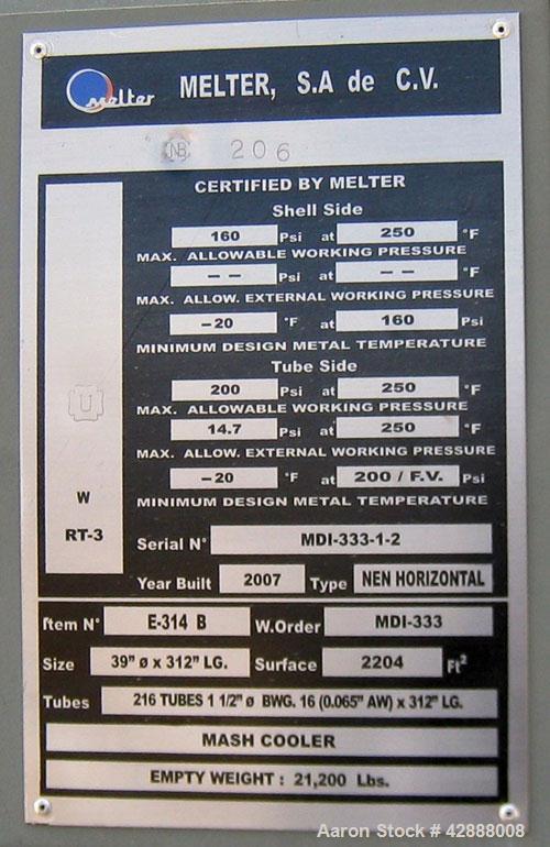 Unused- Melter S.A. de C.V. 8 Pass Shell & Tube Heat Exchanger, 2204 Square Feet, Type NEN