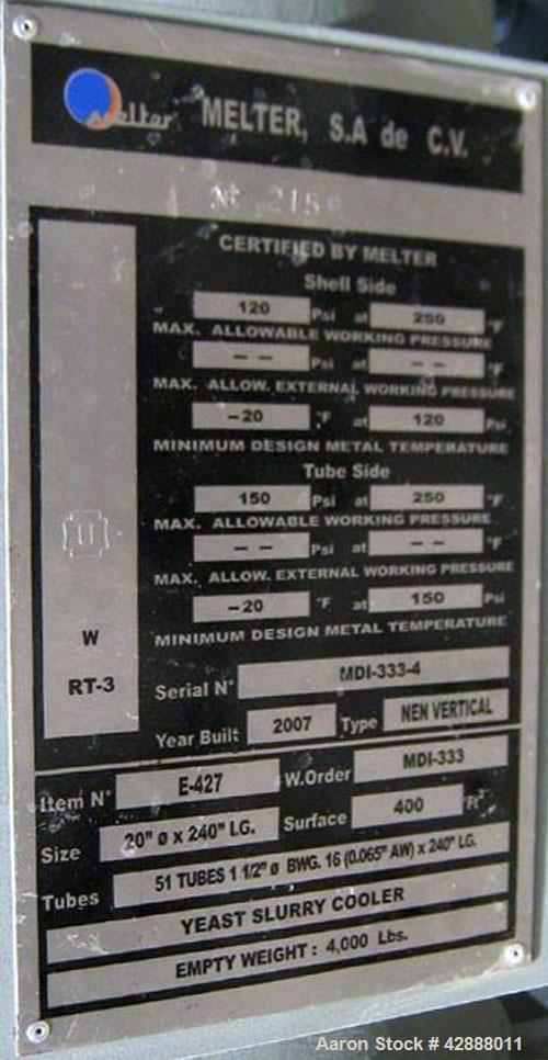Unused- Melter S.A. de C.V. 3 Pass Shell & Tube Heat Exchanger, 400 Square Feet, Type NEN, Vertical. Carbon steel shell rated 120 psi at –20 to 250 degrees F. (51) 1-1/2’’ diameter x 20’ long BWG. 16...