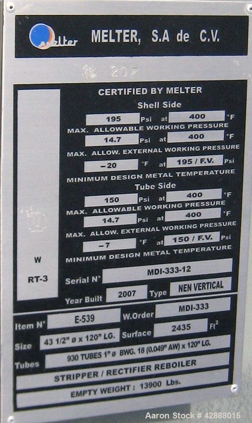 Unused- Vertical Melter S.A. de C.V. Single Pass Shell & Tube Heat Exchanger, 2435 Square Feet, Type NEN