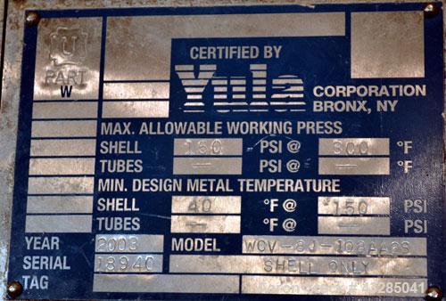 Used Yula U Tube Shell & Tube Heat Exchanger, 672 Square Feet, Model WCV-8J-108AA2S. 316L Stainless steel tubes, tube sheet and bonnet. (321) U tubes rated 150 psi at 350 degrees F., 304 stainless st...