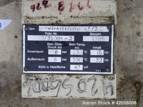 Used Sollich Shell and Tube Heat Exchanger, 40 square feet, horizontal. Carbon steel shell rated 6 bar (87 psi) at 100 degrees C (212 degrees F). (31) 3/4" diameter x 6’6’’ long 304 stainless steel t...