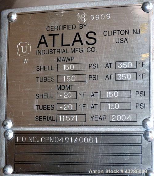 Used Atlas U Tube Shell & Tube Heat Exchanger, 128 Square Feet. 316L Stainless steel tubes, tube sheet and bonnet. (56) U tubes rated 150 psi at 350 degrees F., carbon steel shell rated 150 psi at 35...