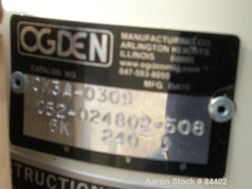 USED: Ogden Circulation Heater, model CK3A-0309. Designed to be used in forced or natural circulation systems to heat flowing gasses or liquids. Rated 60-250 deg F. 3/240 volt, 6 kw. 1" NPT inlet/out...