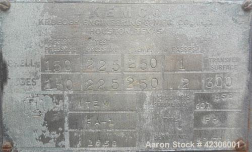 Used Kemco/Krueger Engineering U Tube Shell and Tube Heat Exchanger, 300 square feet, type FH, size 15 x 20, horizontal. Carbon steel shell rated 150 psi at 250 deg F, (172) 3/4'' diameter x 10' long...