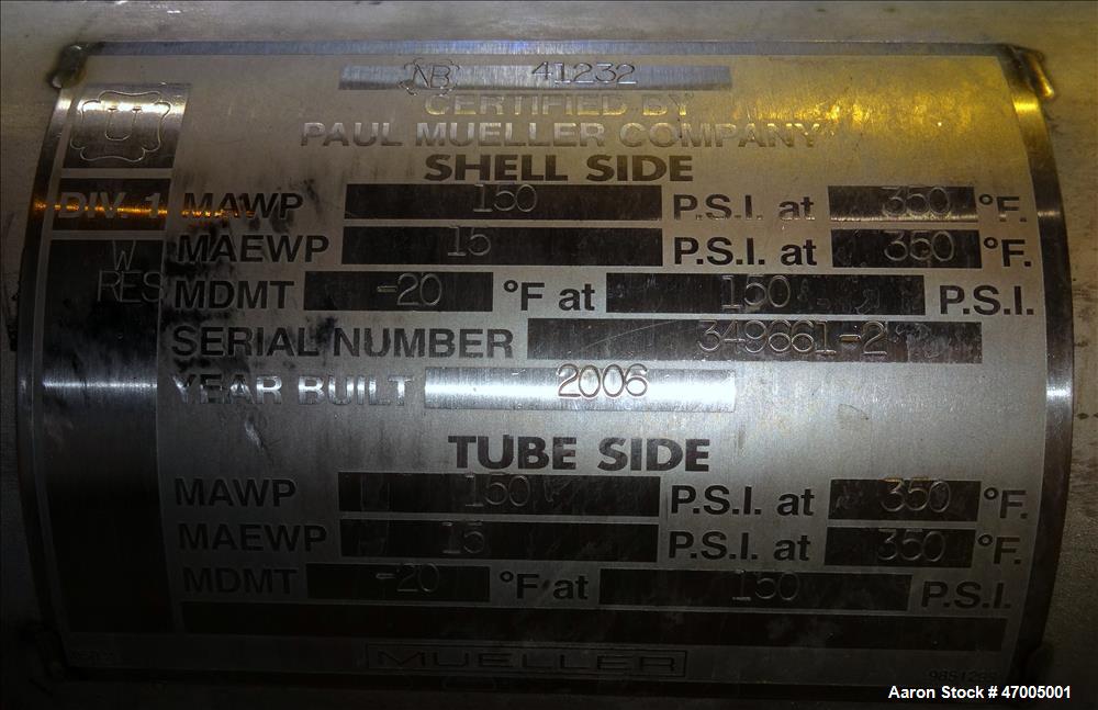 Used Paul Mueller "U" Tube Heat Exchanger, Approximate 23 Square Feet, Horizont