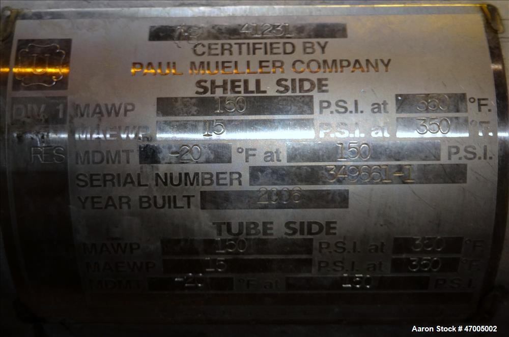 Used Paul Mueller "U" Tube Heat Exchanger, Approximate 23 Square Feet, Horizont