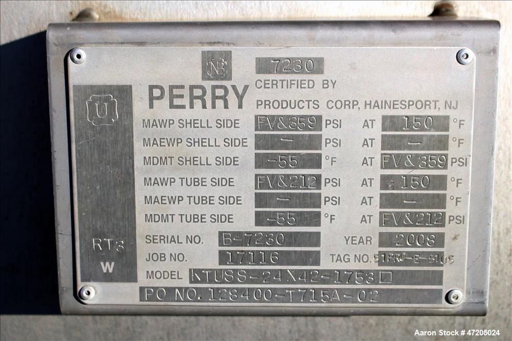 Unused- Perry Products "U" Tube Heat Exchanger, 1753 Square Foot, Model KTUSS-24X42, Horizontal. 304L Stainless steel shell ...