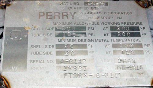 Used: Perry single pass shell and tube heat exchanger, size FTSSX-6-31