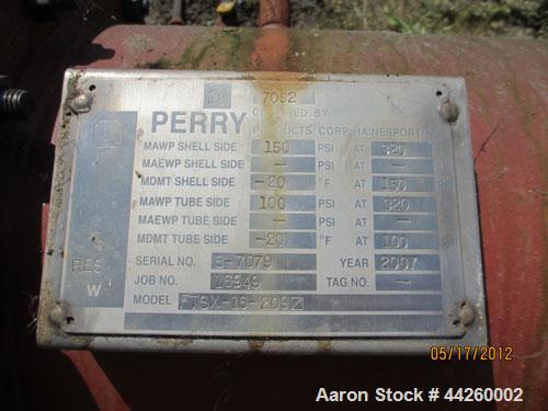 Used Perry Products Single Pass Shell And Tube Heat Exchanger, 209 Square Feet, Model FTSX-16-209, Horizontal. Carbon steel shell rated 150 psi at –20 to 320 degrees F, with expansion ring. (100) 1” ...