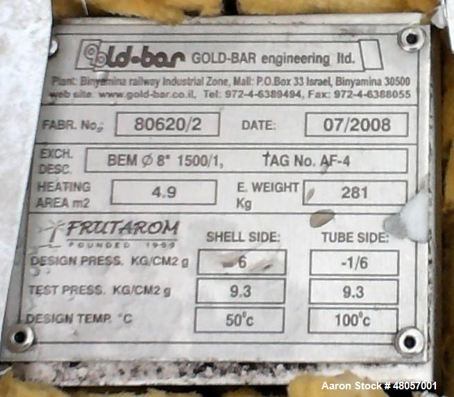 Used Gold-Bar Engineering Ltd. Shell & Tube Heat Exchanger, Stainless Steel, Ho