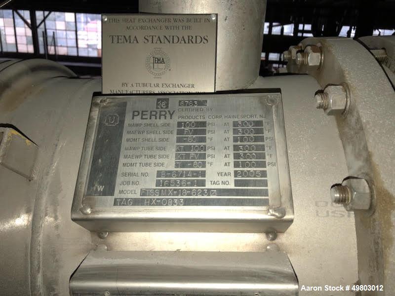 Used Perry Products Shell & Tube Heat Exchanger, 623 Square Feet, Horizontal. 316L Stainless steel shell with a 304 stainless steel dimple jacket rated Full Vacuum & 100 psi at -80 to 300 degrees F. ...