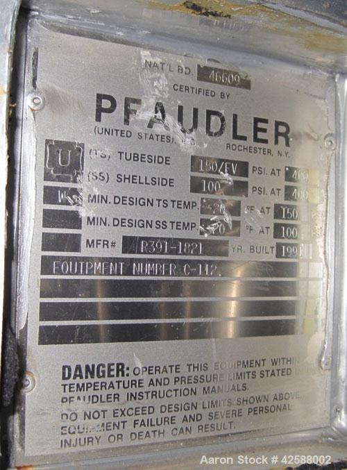 Used Pfaudler Single Pass Shell & Tube Heat Exchanger, 15.2 square feet, vertical. Carbon steel shell rated 100 psi at -20 to 400 deg F. (26) 3/4" Diameter x 3’ long 316L stainless steel tubes rated ...