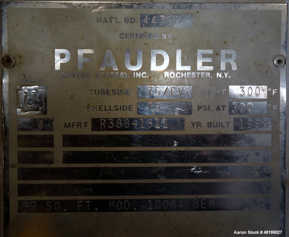 Used Pfaudler 4 Pass Shell & Tube Heat Exchanger, 99 Square Feet, Horizontal.