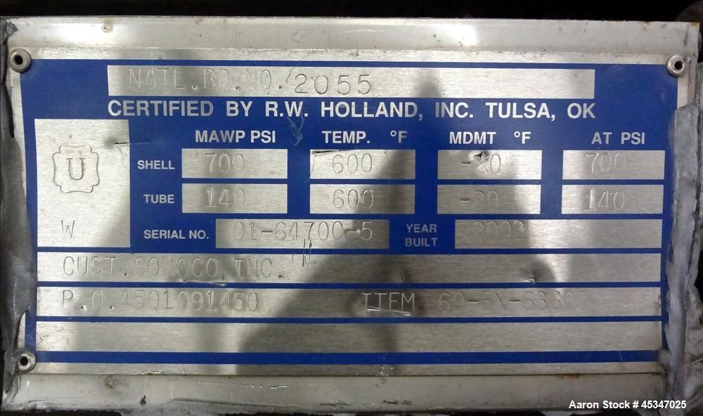 Used-R.W. Holland Inc Heat Exchanger, Tempered Hot Oil, Model 60-EX-63600